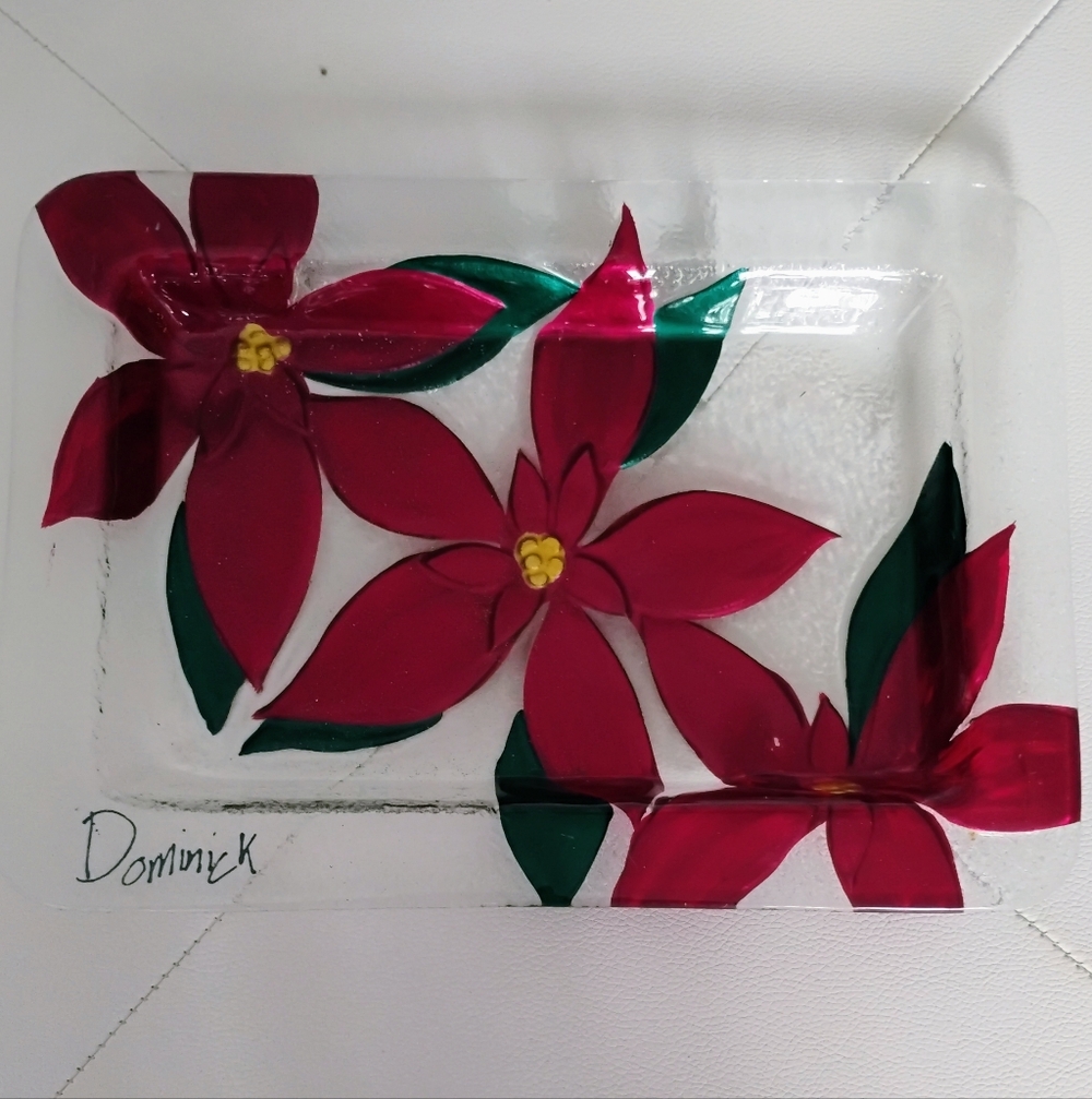Glass Decorative Tray with Red and Green Poinsettia Design - Picture 2 of 3